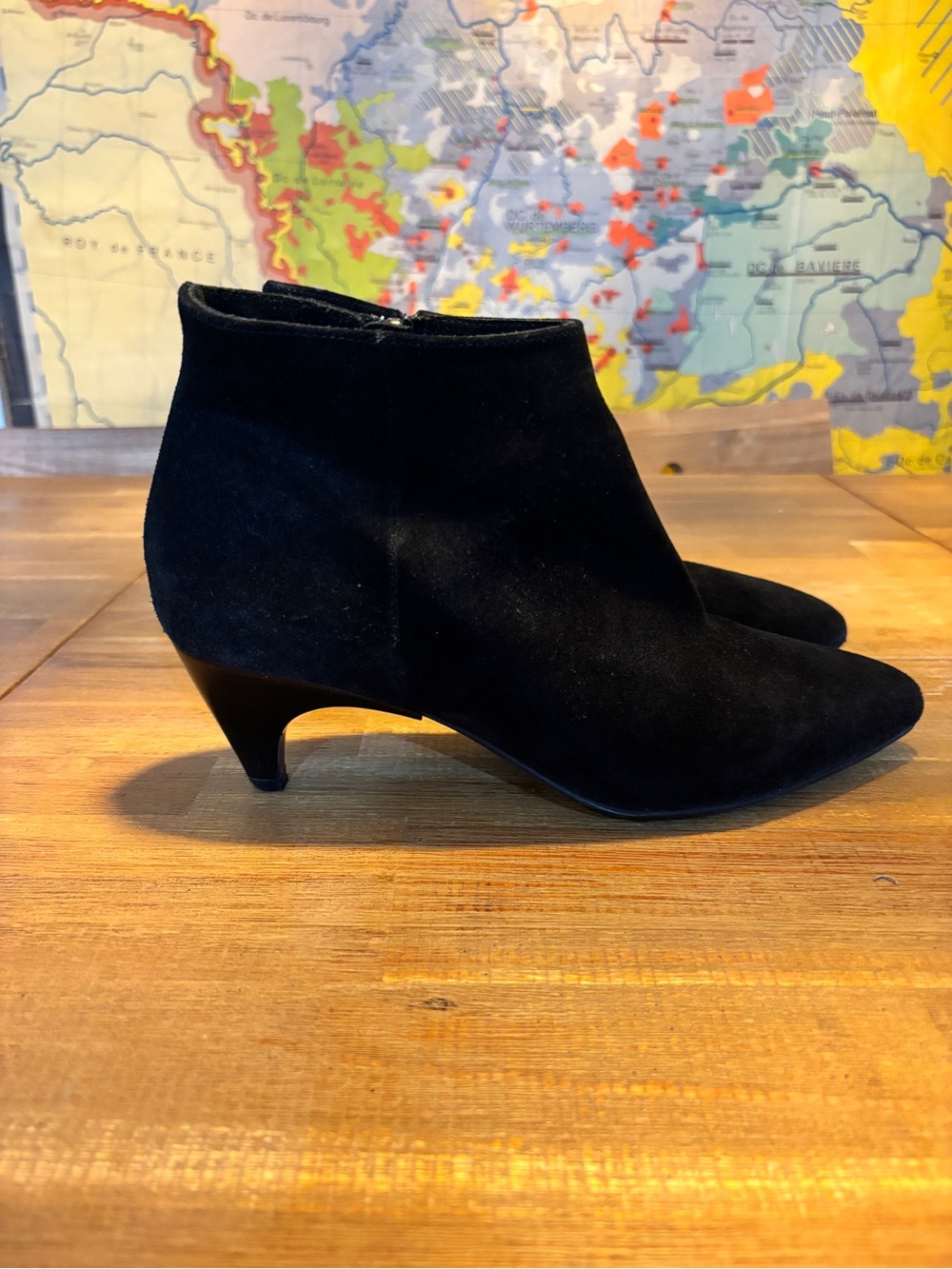 La CANADIENNE Black Suede Ankle Booties with Low Kitten Heel